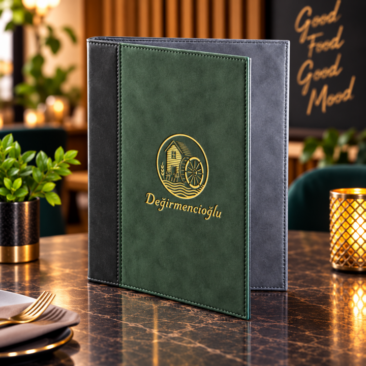 Yeşil Deri Panelli Logo Baskılı Özel Tasarım Restoran Menüsü